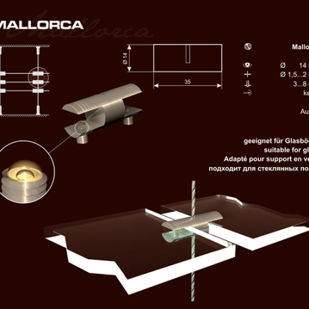Edelstahl-Schildhalter zur doppelseitigen Montage von Regalböden mit 3 – 8 mm Plattendicke zwischen Edelstahlseilen von d = 1,5 – 2 mm
