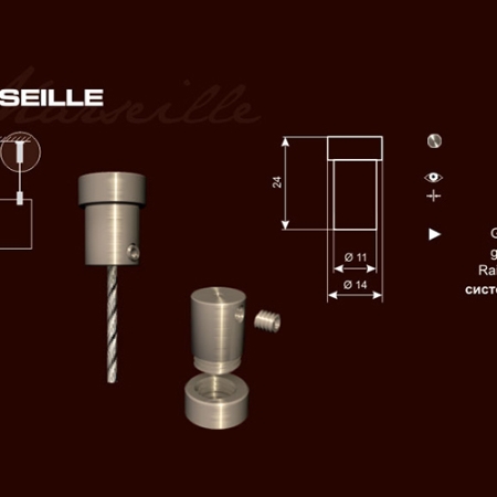 Edelstahl-Schilderhalter in kleiner Baugröße zur Decken- und Bodenbefestigung eines Stahlseiles von d = 1,5 – 2 mm