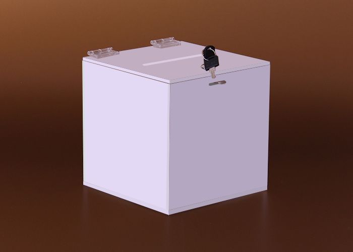 Losbox, Spendesammler – würfelförmiges Produkt aus opalfarbigem Plexiglas guter Qualität, geklebt produziert