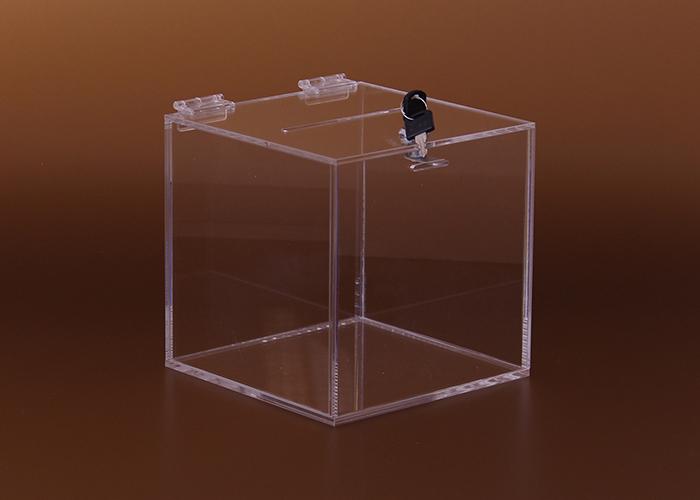 Losbox, Spendesammler – würfelförmiges Produkt aus transparentem Plexiglas guter Qualität, geklebt produziert.