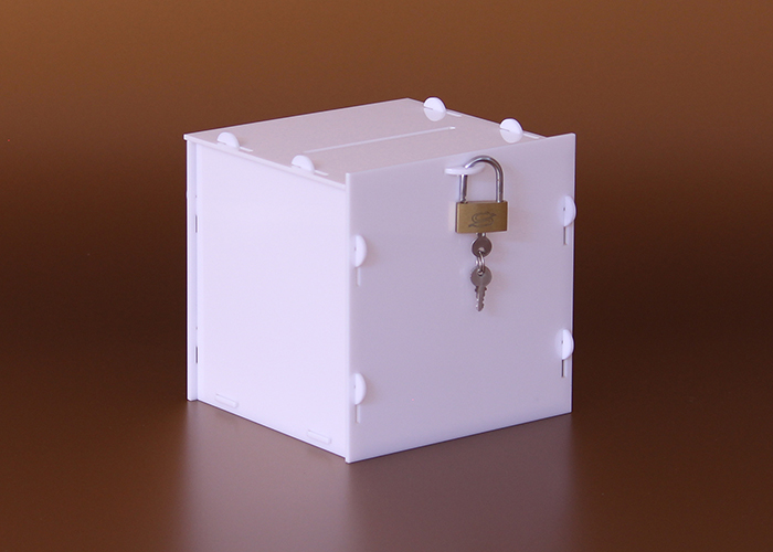 Würferförmige Spendebox, Spardose in zerlegter Variante