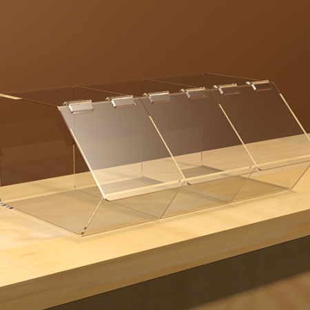 Warenschütte aus Plexiglas für Backwaren eignet sich als Thekenaufsatz für eine verkaufsfördernde Präsentation von Artikeln, die unter dem Deckel frisch bleiben können. In zwei Größen erhältlich